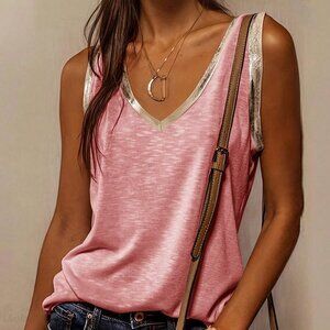 Pink Casual Women's Spring & Summer V-Neck Solid Color Loose Fit Vest